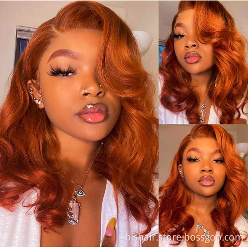 Density orange-red 100% real human hair T-part lace front wig suitable for women 150% real hair lace front wig body wavy orange